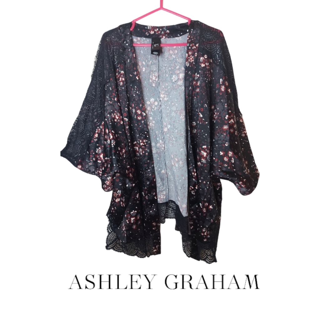 Ashley Graham Printed Satin Lace Kimono